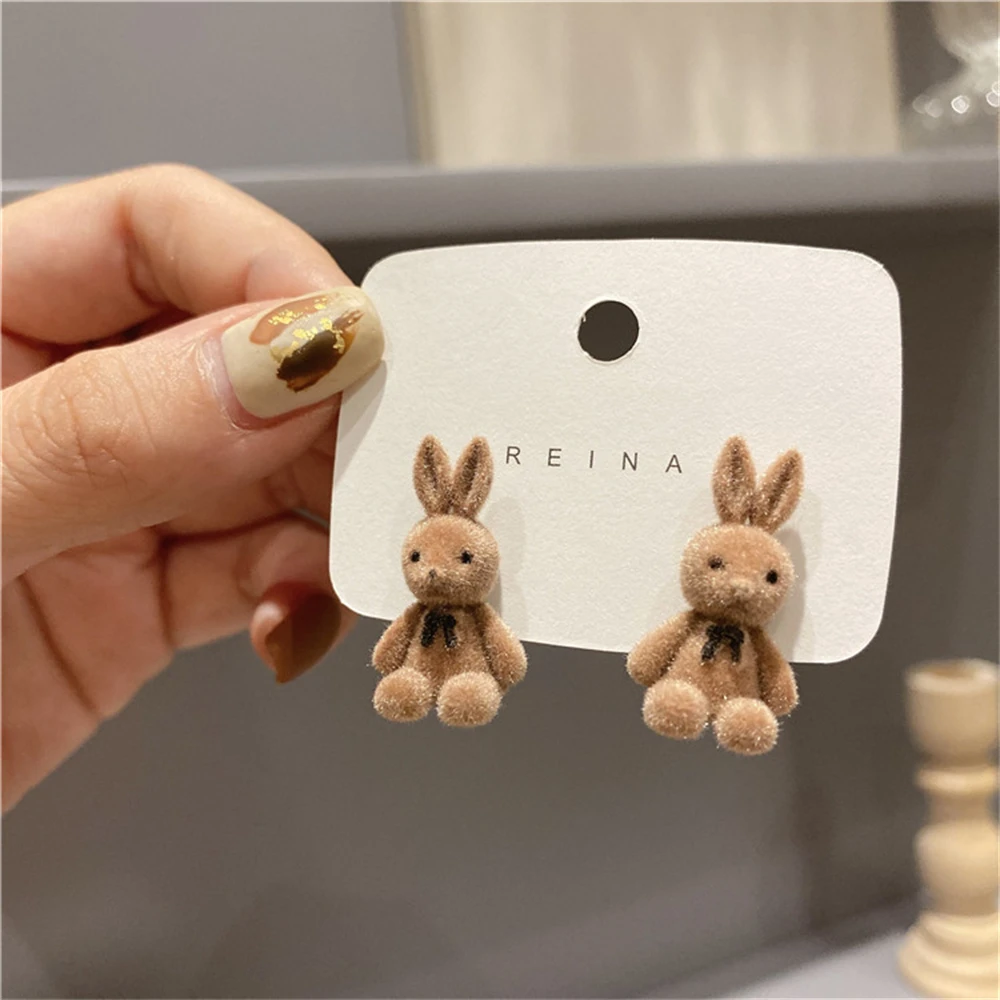 Neue süße Beflockung Plüsch Kaninchen Bär Ohrstecker Kawaii Braun Khaki Tier Ohrringe für Frauen Modeschmuck Zubehör – Detail 3