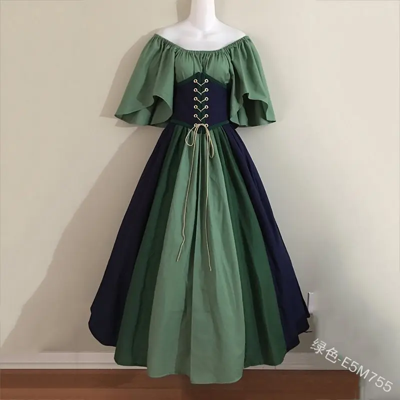 Medieval Renaissance Vintage Skirt Women Contrast Stitching Short Sleeve Lace Up Waist Large Swing Skirt Off Shoulder Dress