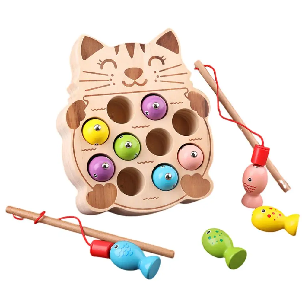 

Wooden Fishing Game Toys Magnetic Cat-Shape Fishing Toy Fine Motor Skill Learning Toys Gifts For Preschool Kids