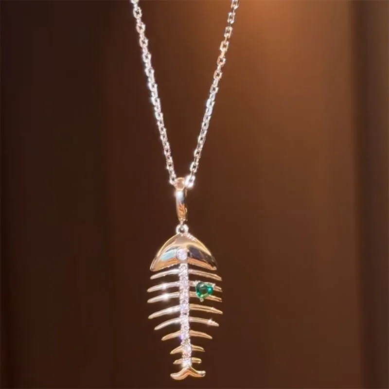 Fashion trendy green diamonds necklace accessories high-end simple and unique luster fishbone collares chain party jewelry gifts - 4