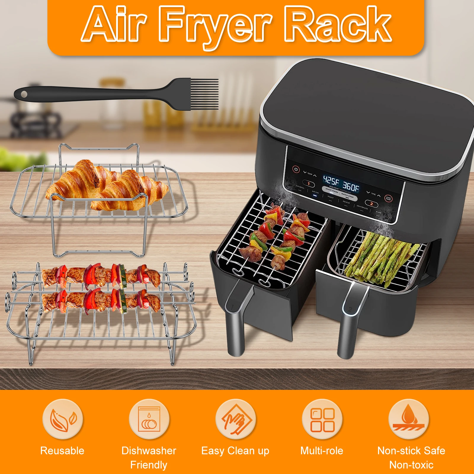 2Pcs Air Fryer Rack with 4 Barbecue Sticks for Double Basket Air Fryers 304 Stainless Steel Grilling Rack Air Fryer Accessories
