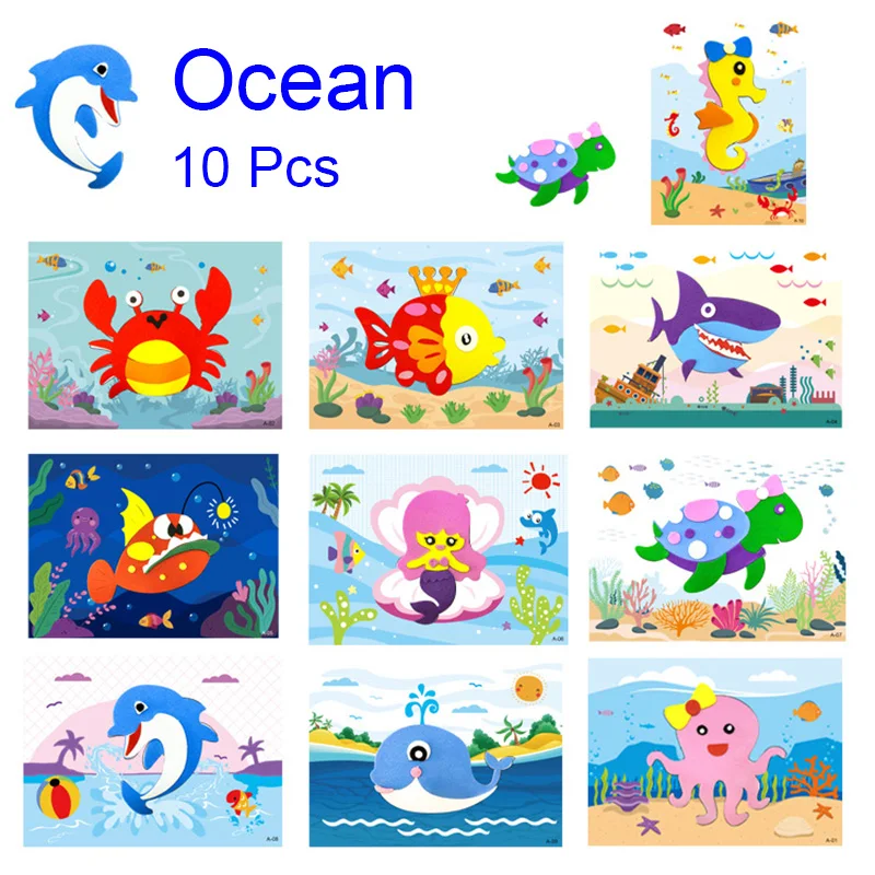 10 Pcs/Set 3D EVA Foam Sticker Cartoon Ocean Animal Vehicles Dinosaur Series Handmade DIY Art Craft Puzzles Educational Toys eva foam sticker toys craft toys puzzle toys