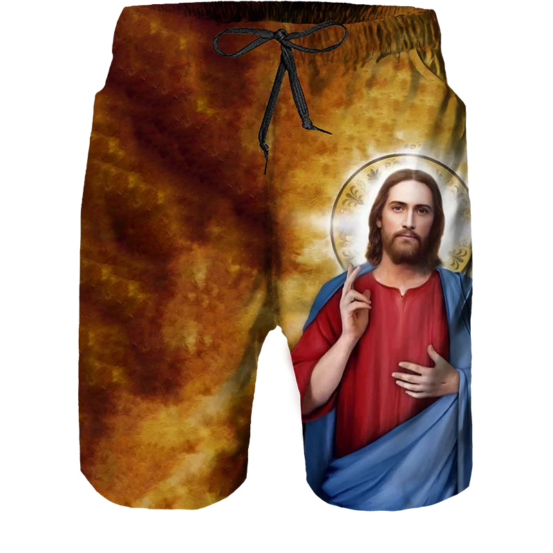 

My God 3D Jesus Print Elastic Drawstring Design Pocket Pants Summer Comfort Soft Men's Shorts Casual Beach Shorts Ice Shorts