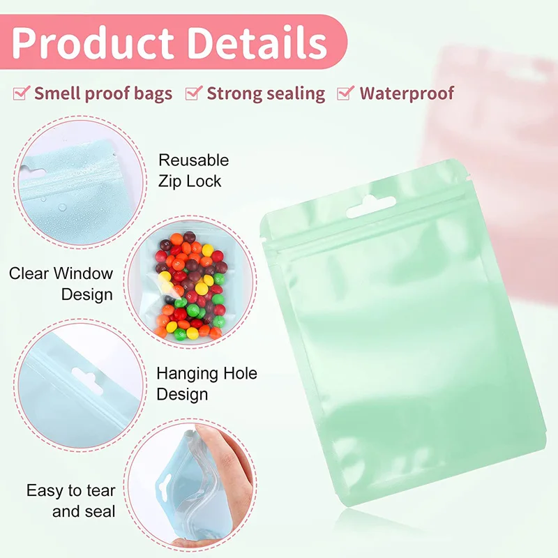 1000 Stück 10,5 x 10 cm Macaron-Farben-Druckverschlussbeutel, einseitig, durchsichtiger Verschlussbeutel, holografische Plastiktüte, Schmuckverpackung, Süßigkeiten-Geschenktüten – Detail 4
