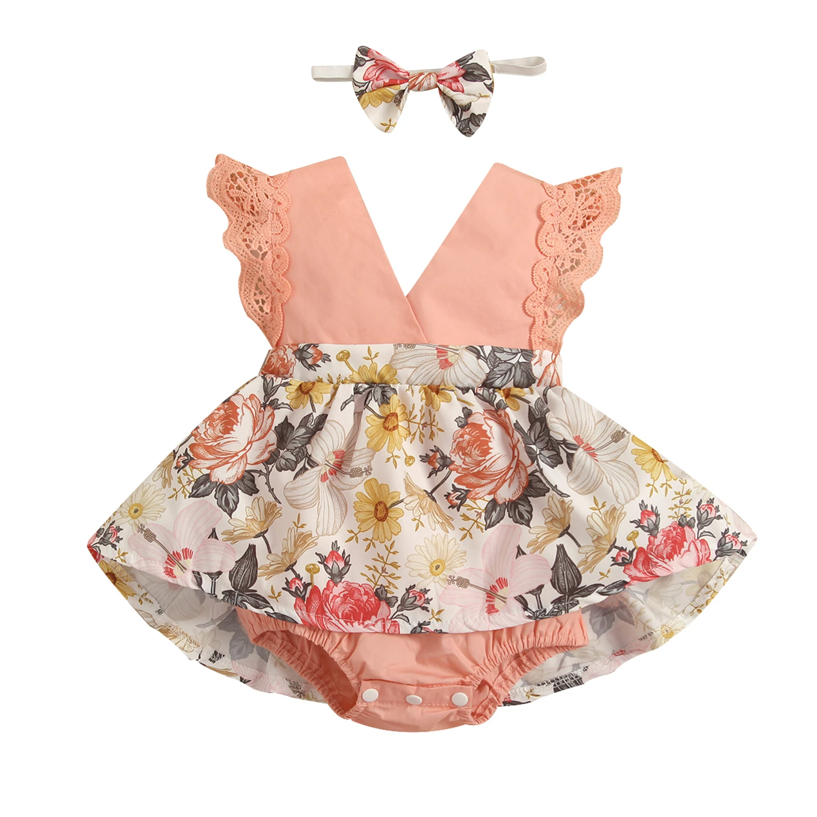 

2023 New Infant Baby Girls Summer Outfit Sets Lace Sleeve V Neck Floral Patchwork Tutu Romper + Headband baby girl romper
