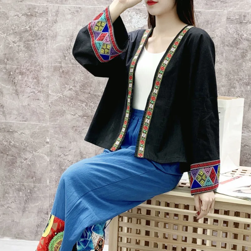 에스닉 스타일 짧은 여성 자수 가디건, 루즈 긴팔 코튼 린넨 패션, 중국 빈티지 재킷, 봄 신상 2022
