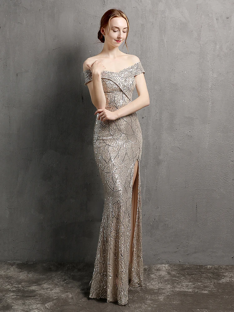 Slash Neck Sexy Cocktail Dress Sequins Side Split Slim Party Gown XUCTHHC New Short Sleeve Formal Women Robe De Soriee