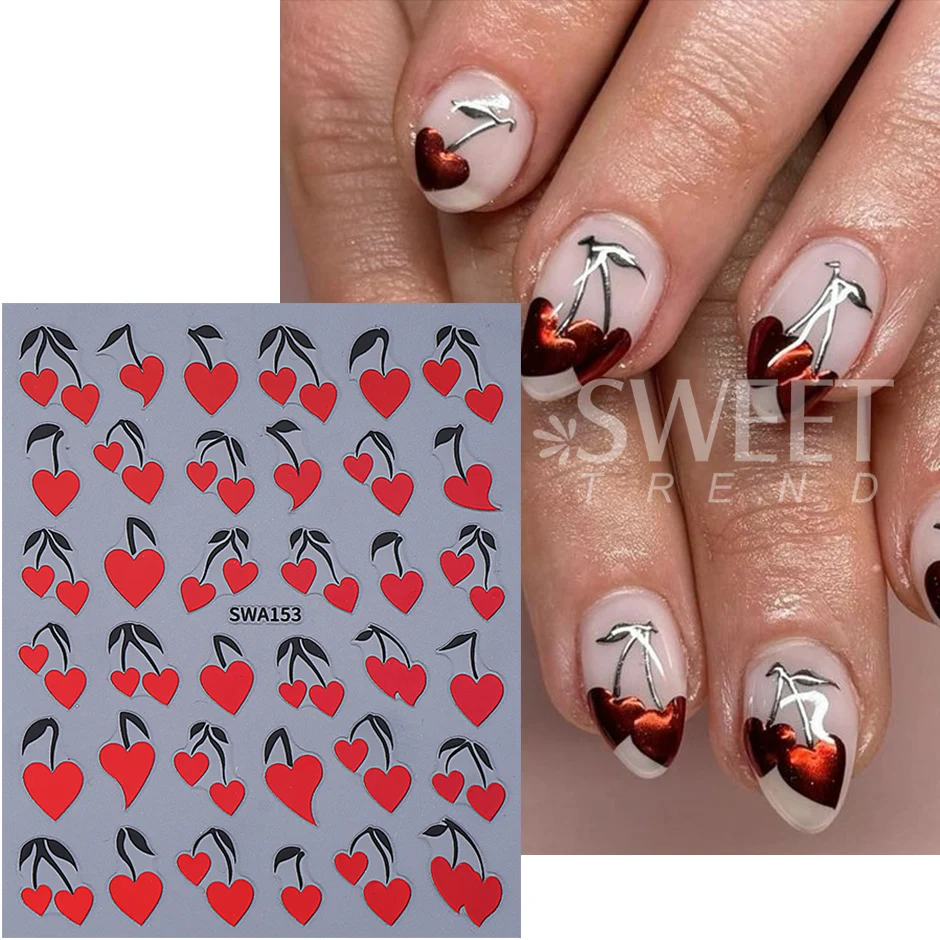 2pcs Valentine's Day Nail Stickers Heart-shaped Cherry Leaves Self-adhesive Nail Decals Sweet DIY Manicure Decoration Sliders