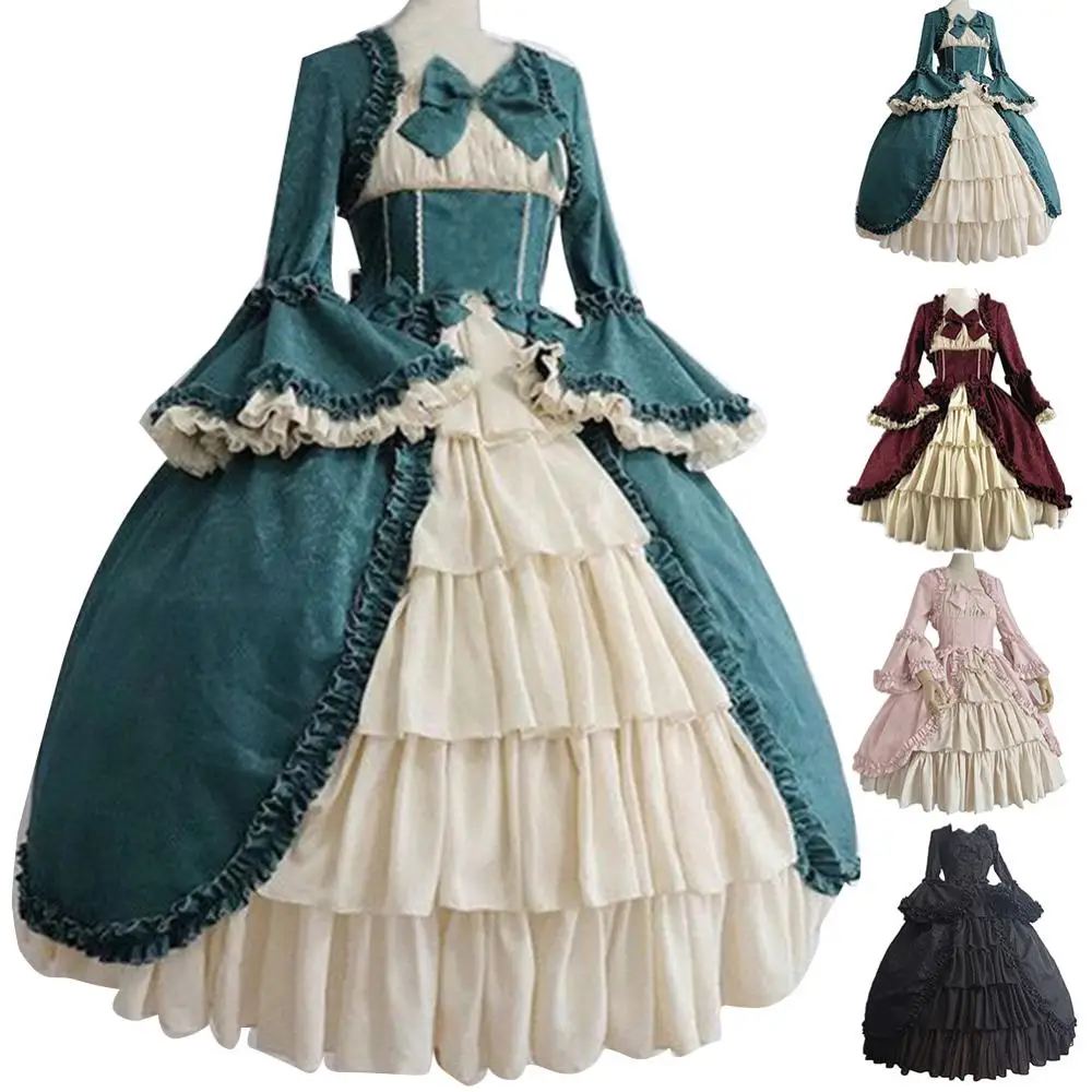 

Cosplay Elegant Lady Retro Square Neck Dress Tights Waist Bowknot Medieval Dress ropa mujer Party Costume vestido Medieval Dress