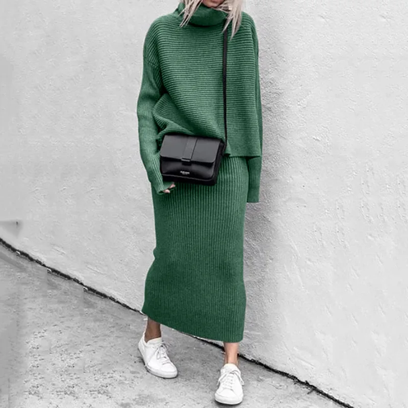 

Women's Two-Piece Long Sleeved High Necked Sweater Solid Color Top&skirt 2024 Spring and Autumn