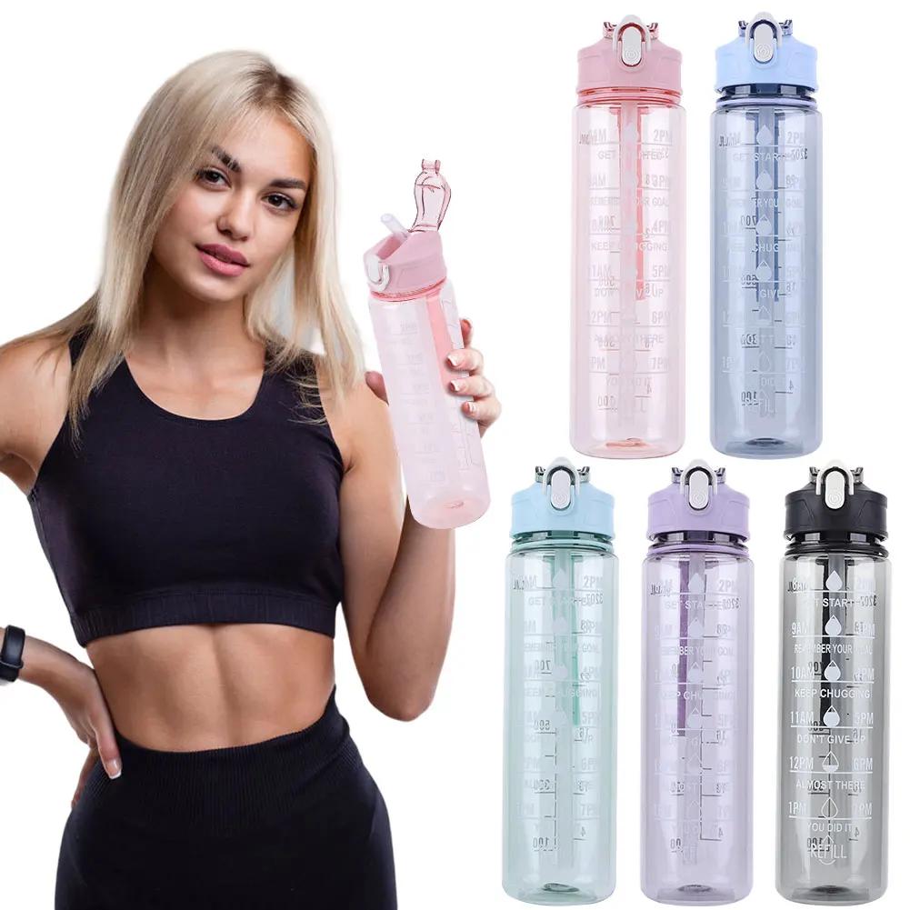 Sports Water Bottle 800ml Sports Water Bottle with Straw & Handle Portable Drinking Cup Large Capacity Motivational Drinking Bottle for Boys Girls