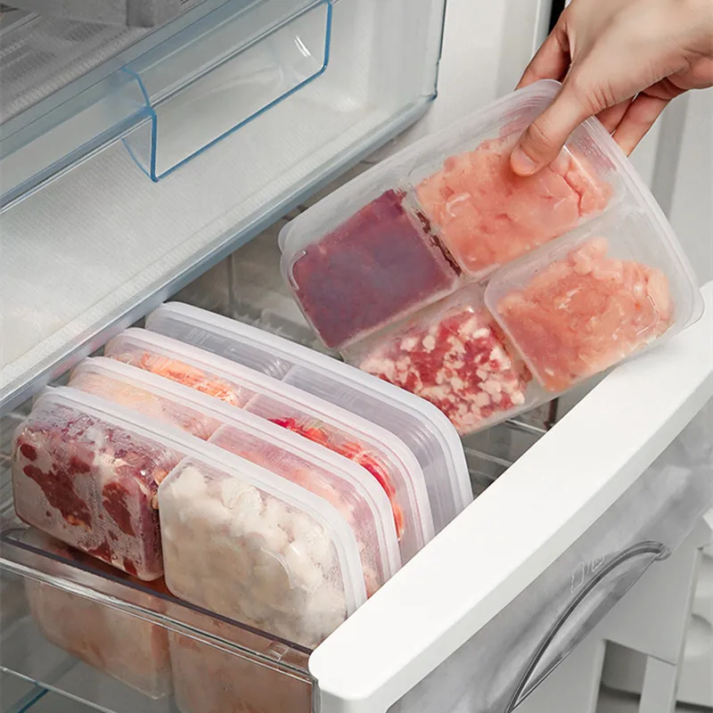 

4 Grids Food Fruit Storage Box Compartment Refrigerator Freezer Fresh Organizers Kitchen Vegetables Meat Side Dishes Storage Box