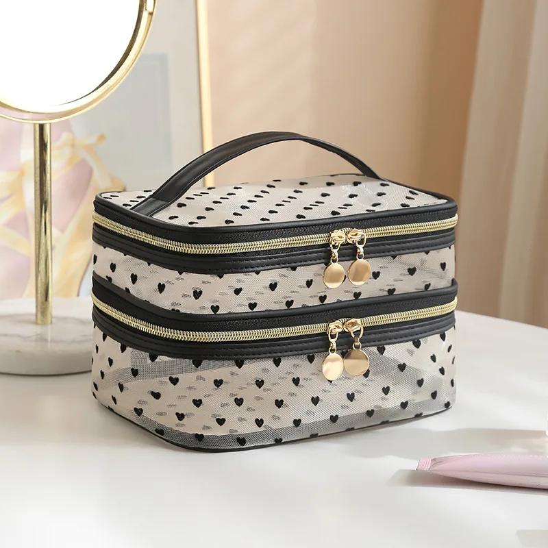 Double-layers Black Mesh Cosmetic Bag Travel Portable Large-Capacity Makeup Case Organizer Storage Pouch Zipper Toiletry Bags 6