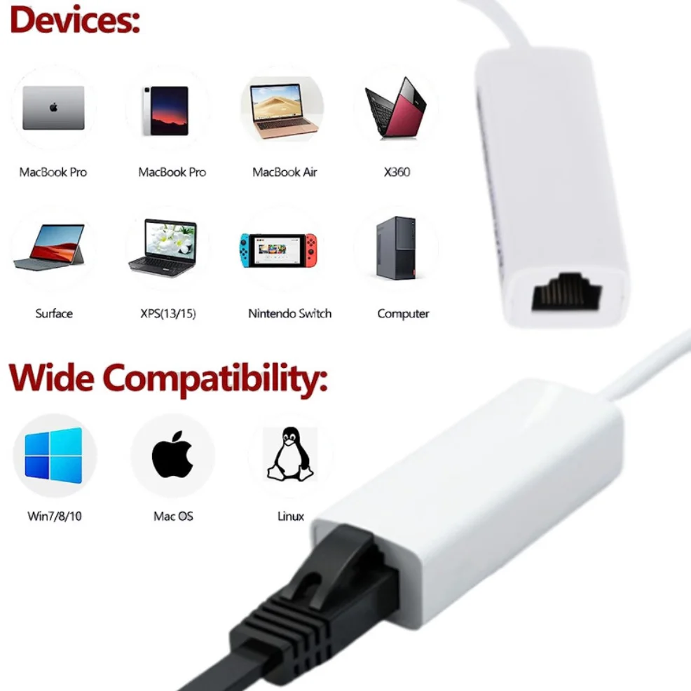 Adaptateur USB Vers Ethernet RJ45 - Connexion Filaire Pour Ordinateur - Compatible Windows, IOS - Plug & Play - 2