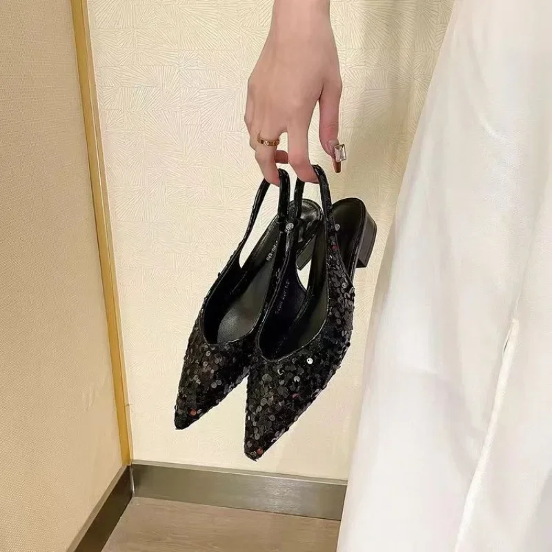 2024 Summer Pointed Toe Sandals Fashion Bling Slip on Singbacks Shoes Ladies Elegant Outdoor Thick with Sandalias Women's  Shoes 3