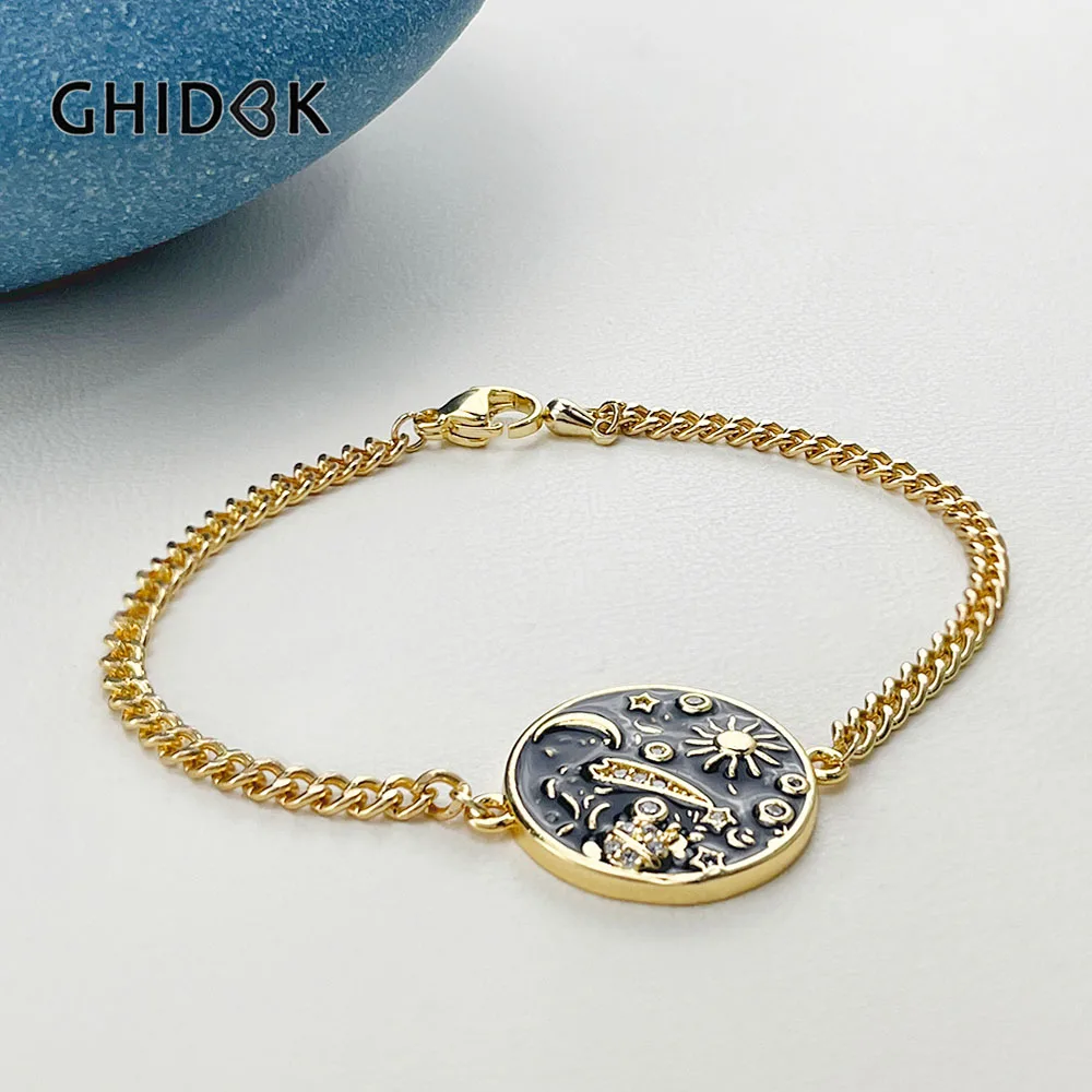 GHIDBK Trendy Universe Moon Satellite Pattern Charm Bracelet for Women Black Enamel Zircon Coin Bracelets Jewelry Gifts 2022