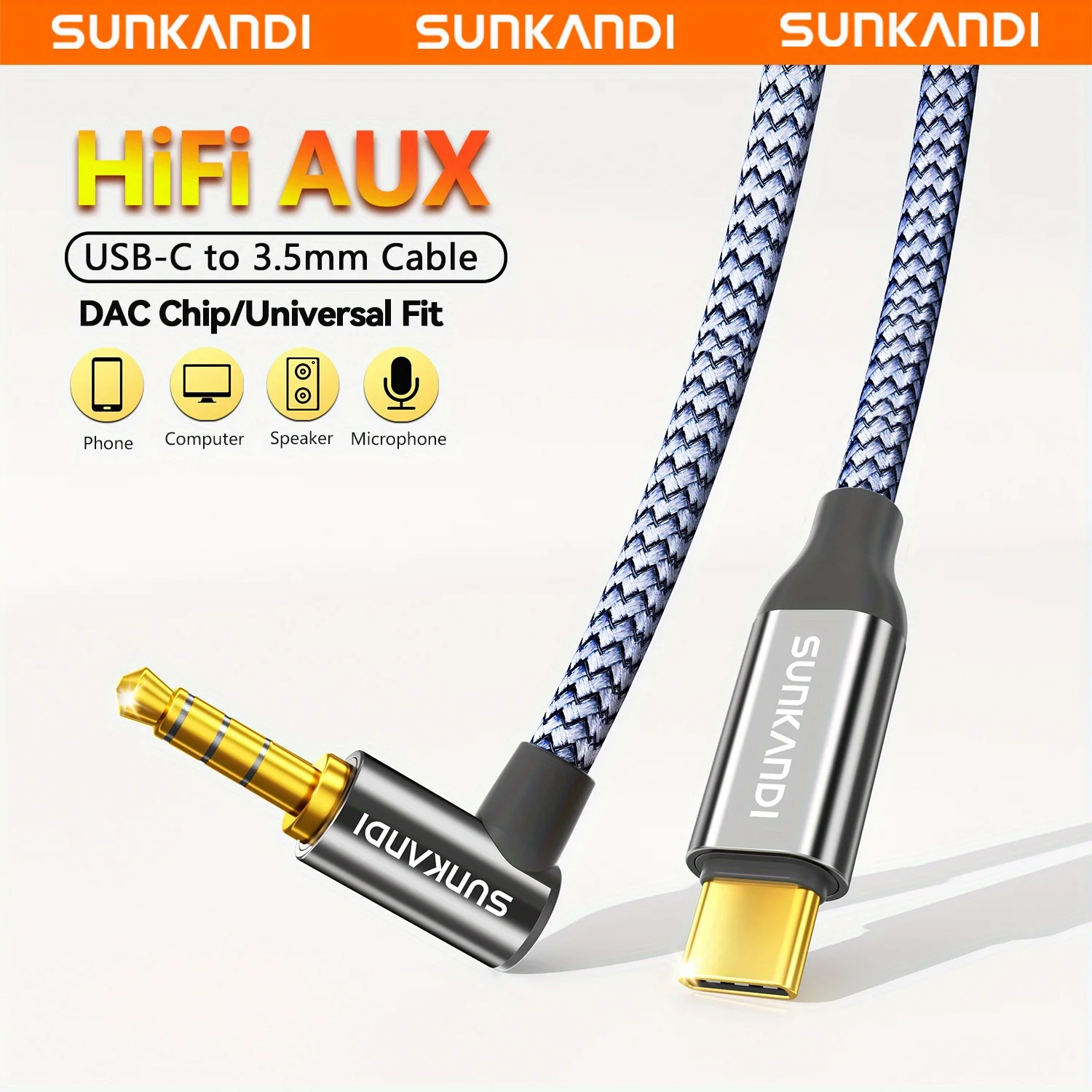 Premium SUNKANDI USB C to 3.5mm HiFi Audio Aux Jack Cable with 90-Degree Design