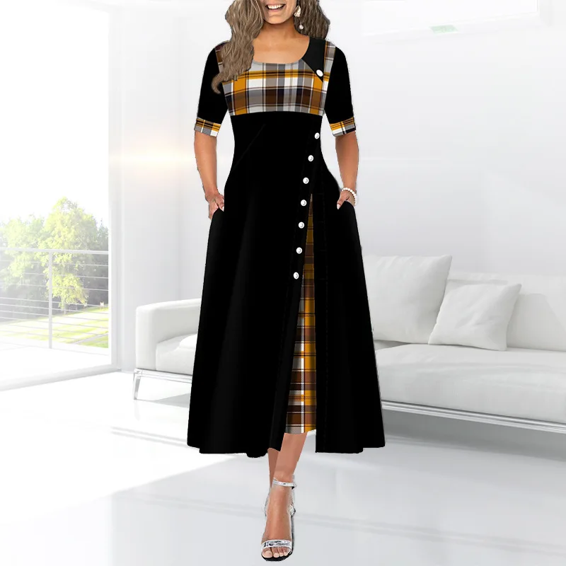 

2023 Summer Evening Party Dresses Women Short Sleeve Vestidos Elegant Office Ladies Dress Vintage Lattice Splice Big Swing Robe