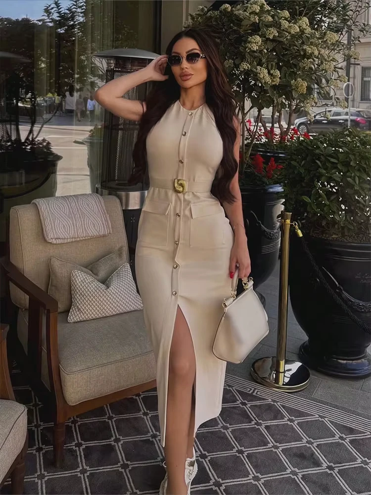 HH Women Fashion Belt Midi Dress O Neck Single Breasted Sleeveless Dresses Front Slit Summer Casual Maternity Outfit Dress