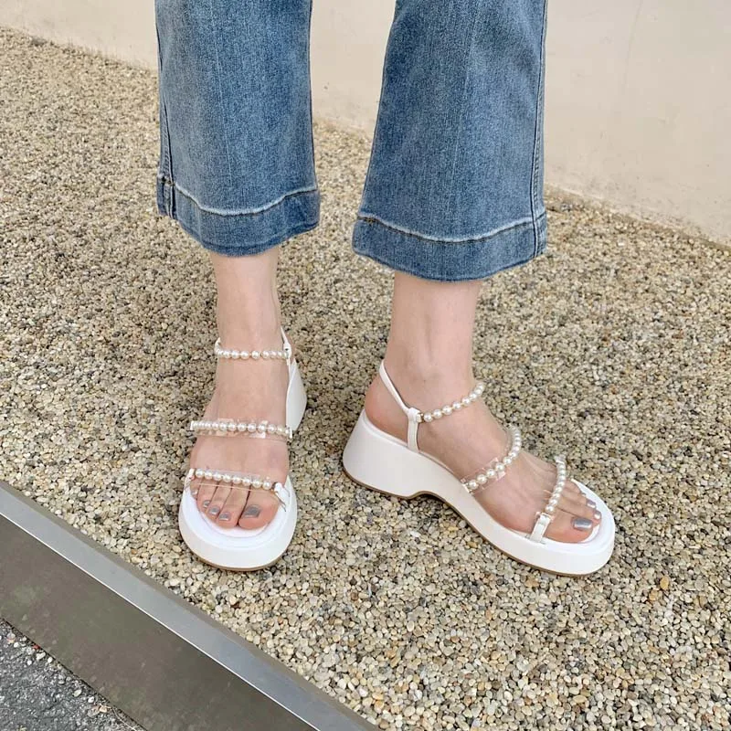 

Black Sandals Low Heel Wedge Sandals Women Pearl String Summer Shoes Comfort Wedges Platform High Heels Dames Schoenen