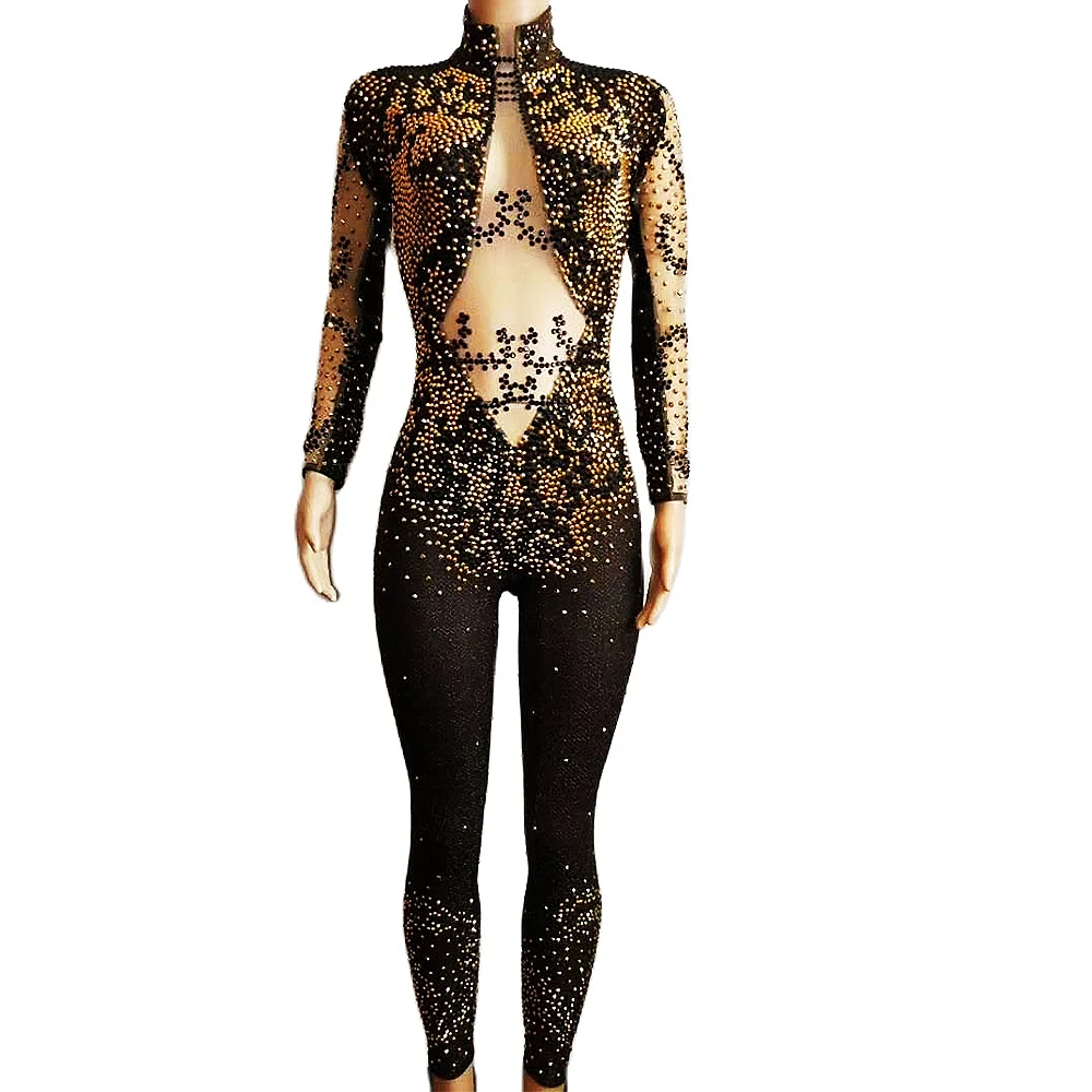 

Black Shining Rhinestones Long Sleeve Hollow Out Sexy Women Jumpsuits Nightclub DJ Prom Pole Clothing Stage Singer Costumes
