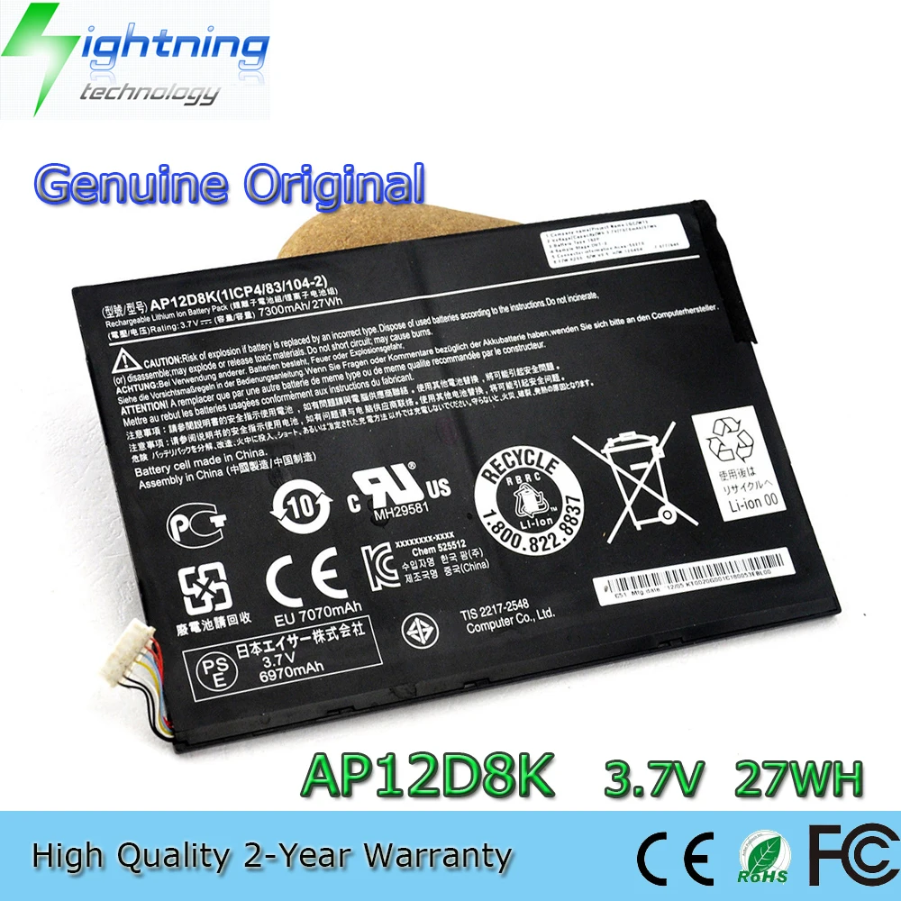

Новый оригинальный AP12D8K 3,7 V 27Wh Аккумулятор для ноутбука Acer Iconia Tab A3-A10 W510 W510P