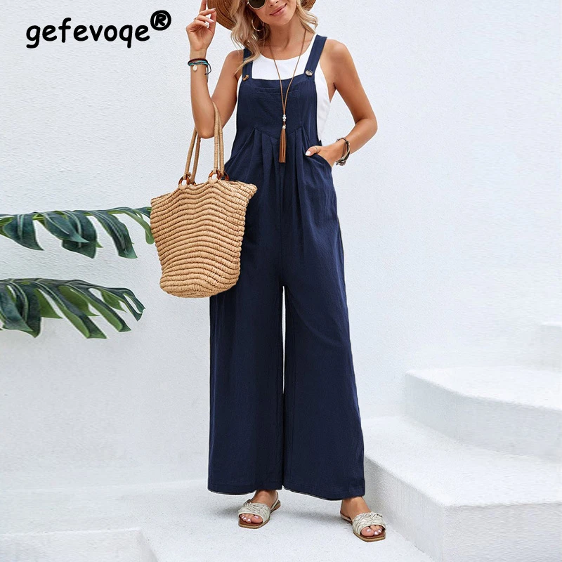 

2023 Summer Women Vintage Ruffle Loose Wide Leg Jumpsuit Pockets Sleeveless Strap Overalls Streetwear Rompers Outfits Pantalones