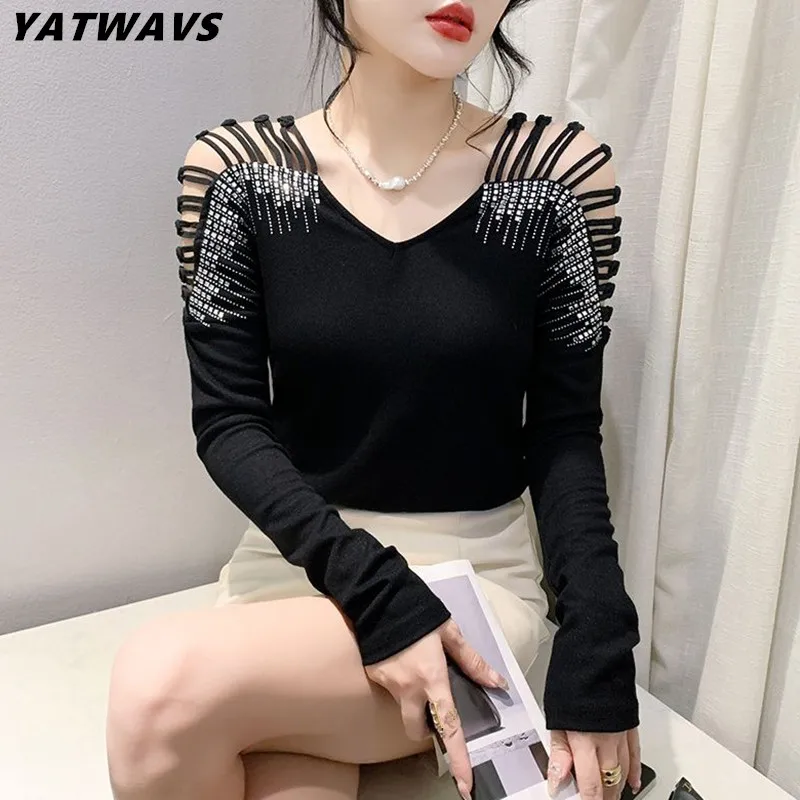 

Женская футболка с длинным рукавом, откровенная ажурная футболка с открытыми плечами и бриллиантами в уличном стиле, новинка весны