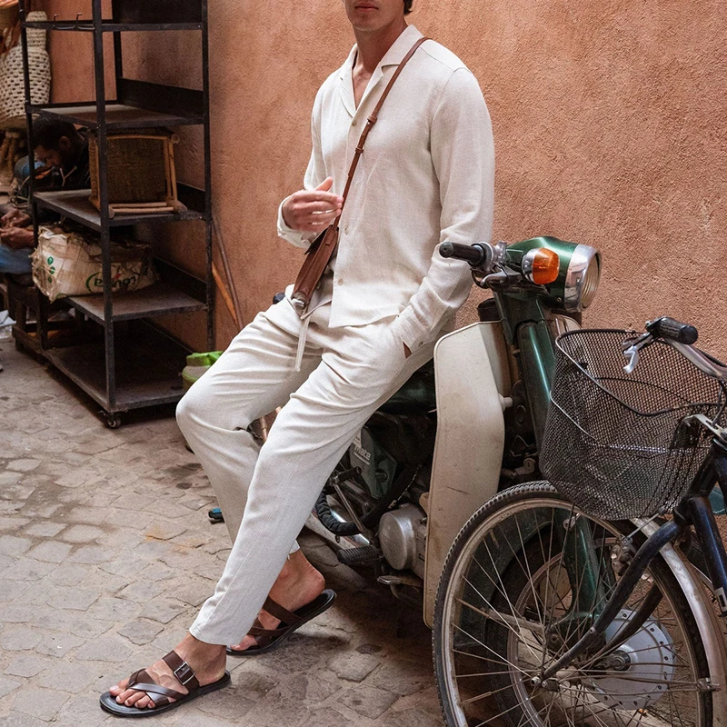 남성용 캐주얼 투피스 세트, 빈티지 의상, 레저 순색, 긴팔, 면 셔츠 및 바지, 남성 의류