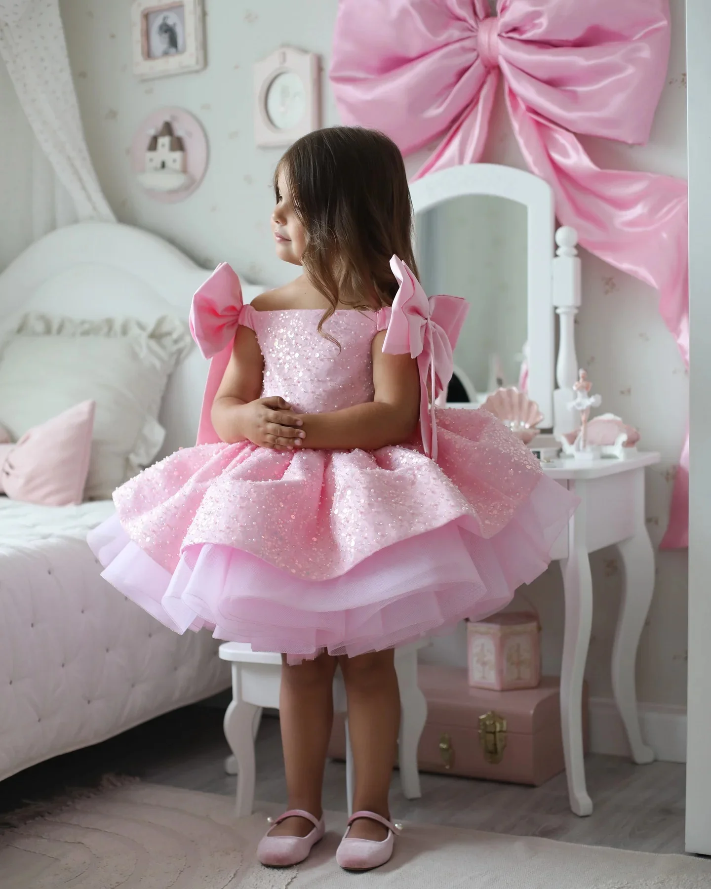 Flower Girl Dresses For Wedding Sequins Bow Knee Length Princess Birthday Party First Communion Gown