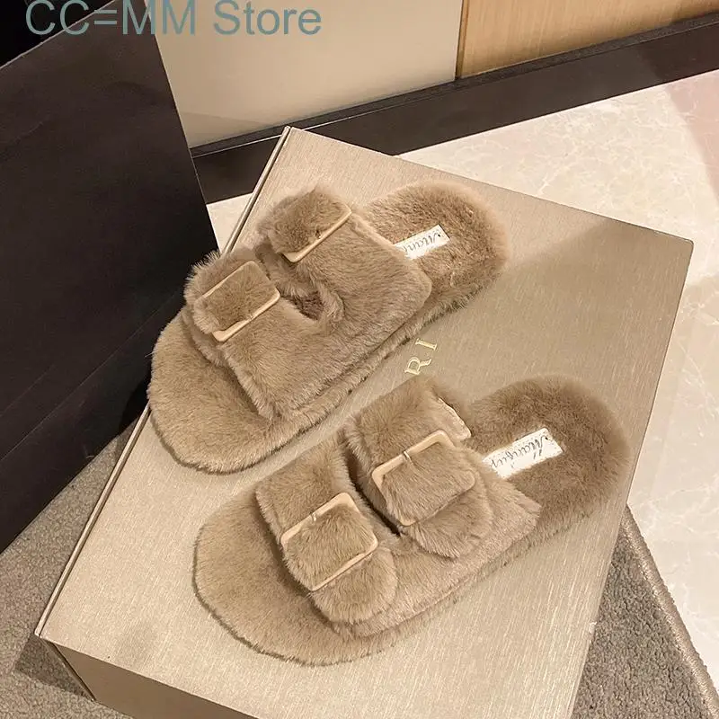 Winter Fashion Women Buckle Fluffy Slipper Casual  Platform Home Outside Soft Artificial Fur Slides Shoe New