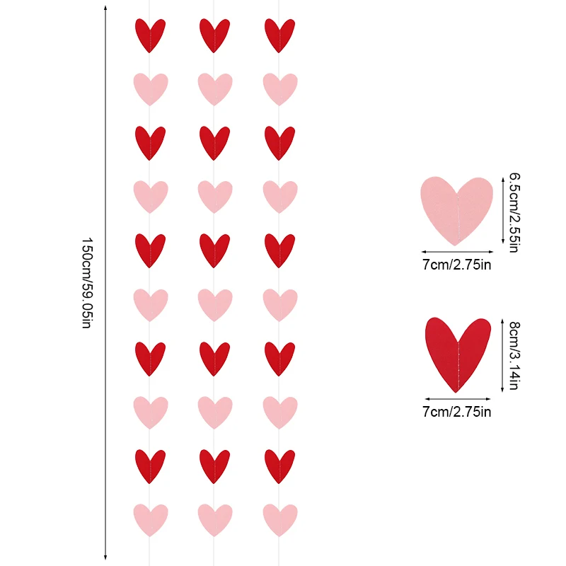 Red Pink Heart Garland String Valentines Day Decoration Wedding Anniversary Home Wall Hanging Paper Banner Flag Birthday Party