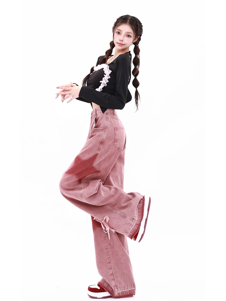 Women\'s Vintage Red Wide Leg Star Jeans 90s Fashion Aesthetic Denim Trousers Harajuku 2000s High Waist Baggy Jeans Pants Clothes