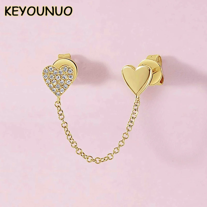 KEYOUNUO Gold Filled Stud Earrings For Women Piercing Double Heart Zircon Chain Earrings Fashion Party Wedding Jewelry Wholesale