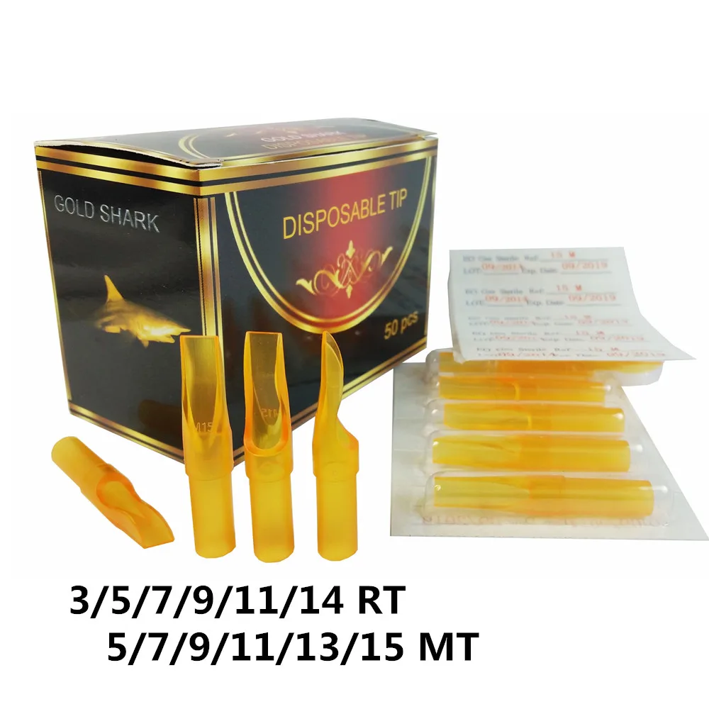 50PCS 3R 5R 7R 9R 11R 14R Round Sizes Gold Shark Disposable Tattoo Sterile Tips Nozzle For Permanent Makeup Tattoo Tools Supply
