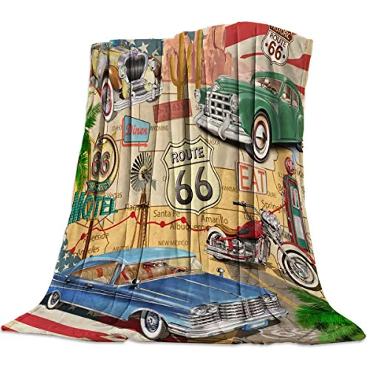 

Ultra Soft Flannel Fleece Bed Blanket Retro Car Motel Route 66 Throw Blanket All Season Warm Fuzzy Light Weight Cozy Plush