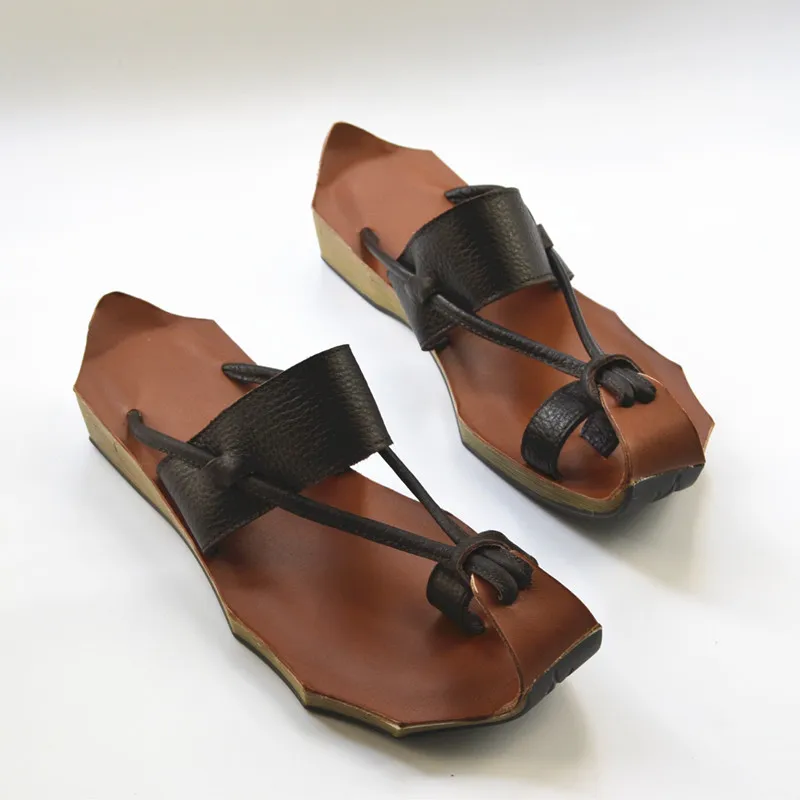 

Japanese Style Full Leather Herringbone Slippers Cowhide Ancient Roman Women Shoes Summer Sandals Slide