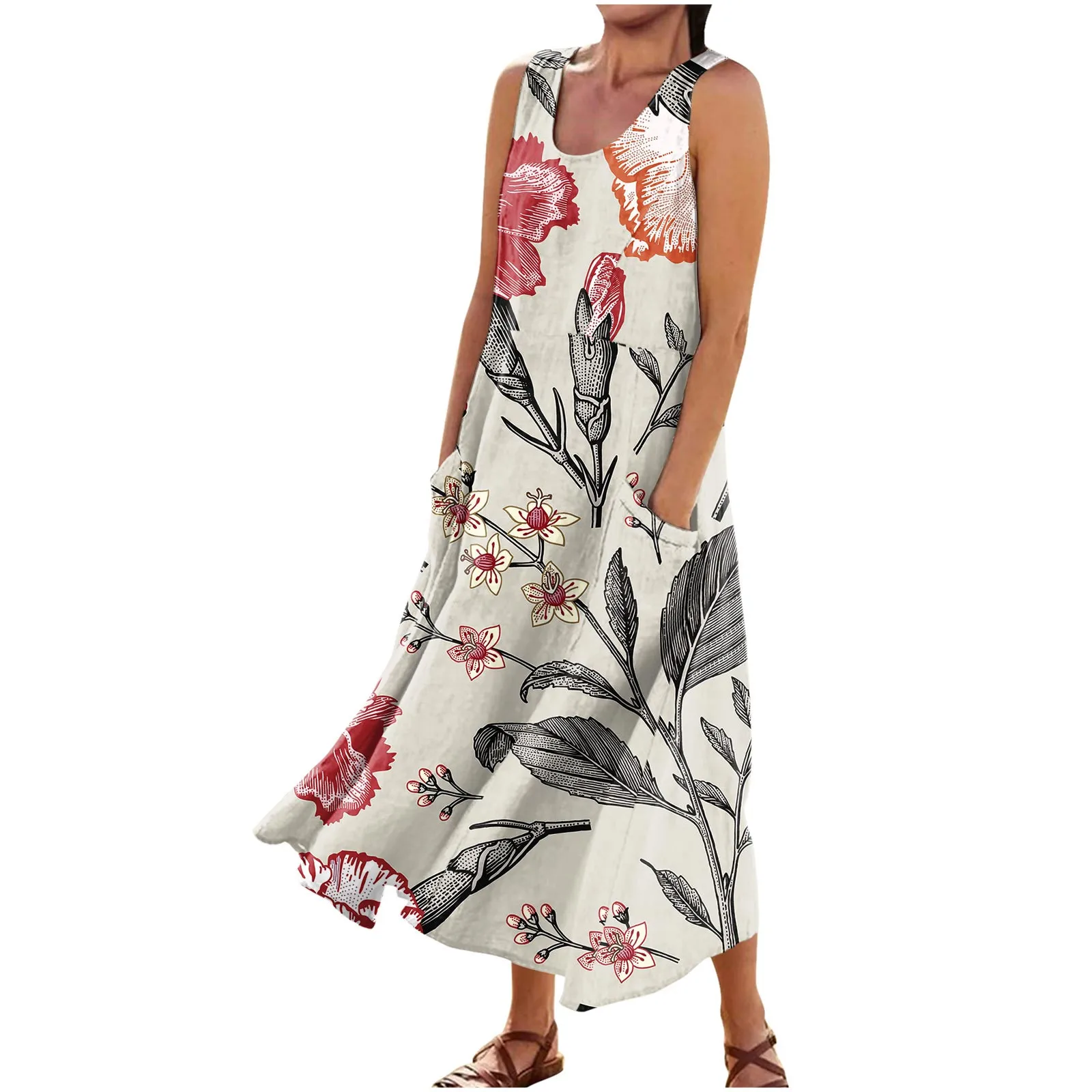 

Women'S Summer Dress Casual Fashion Retro Printed Sleeveless Dresses Round Neck Pocket Dresses 2024 신상원피스 Sukienki Damskie