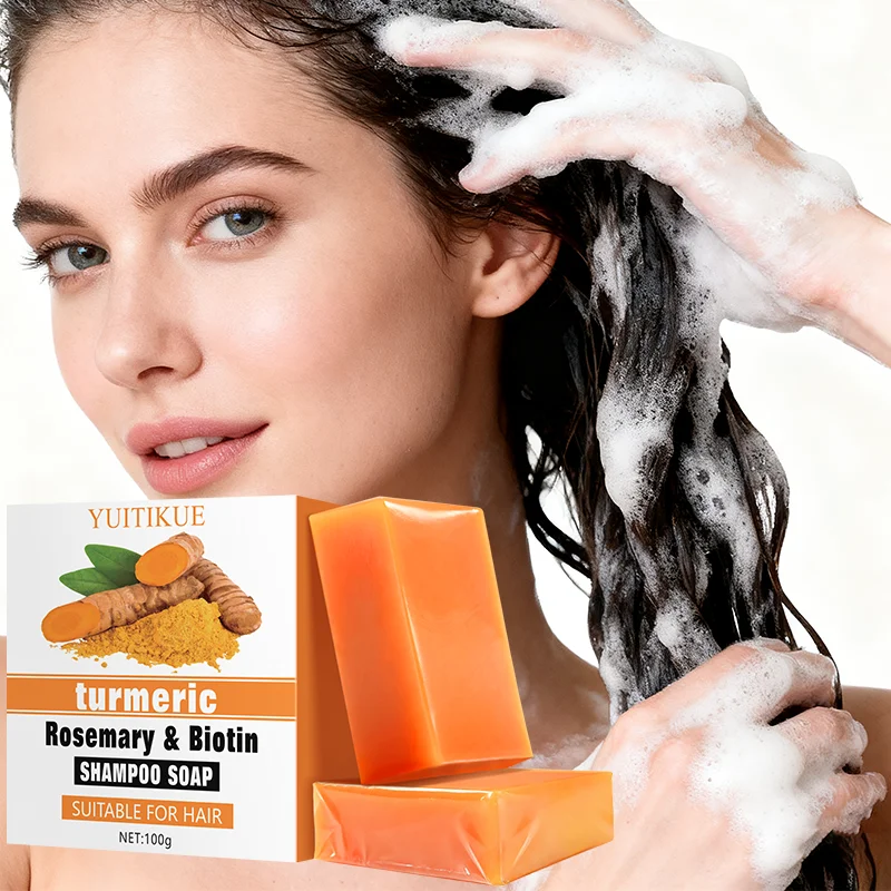 YUITIKUE Turmeric, Rosemary, and Biotin Shampoo Bar is gentle and refreshing, suitable for hair.
