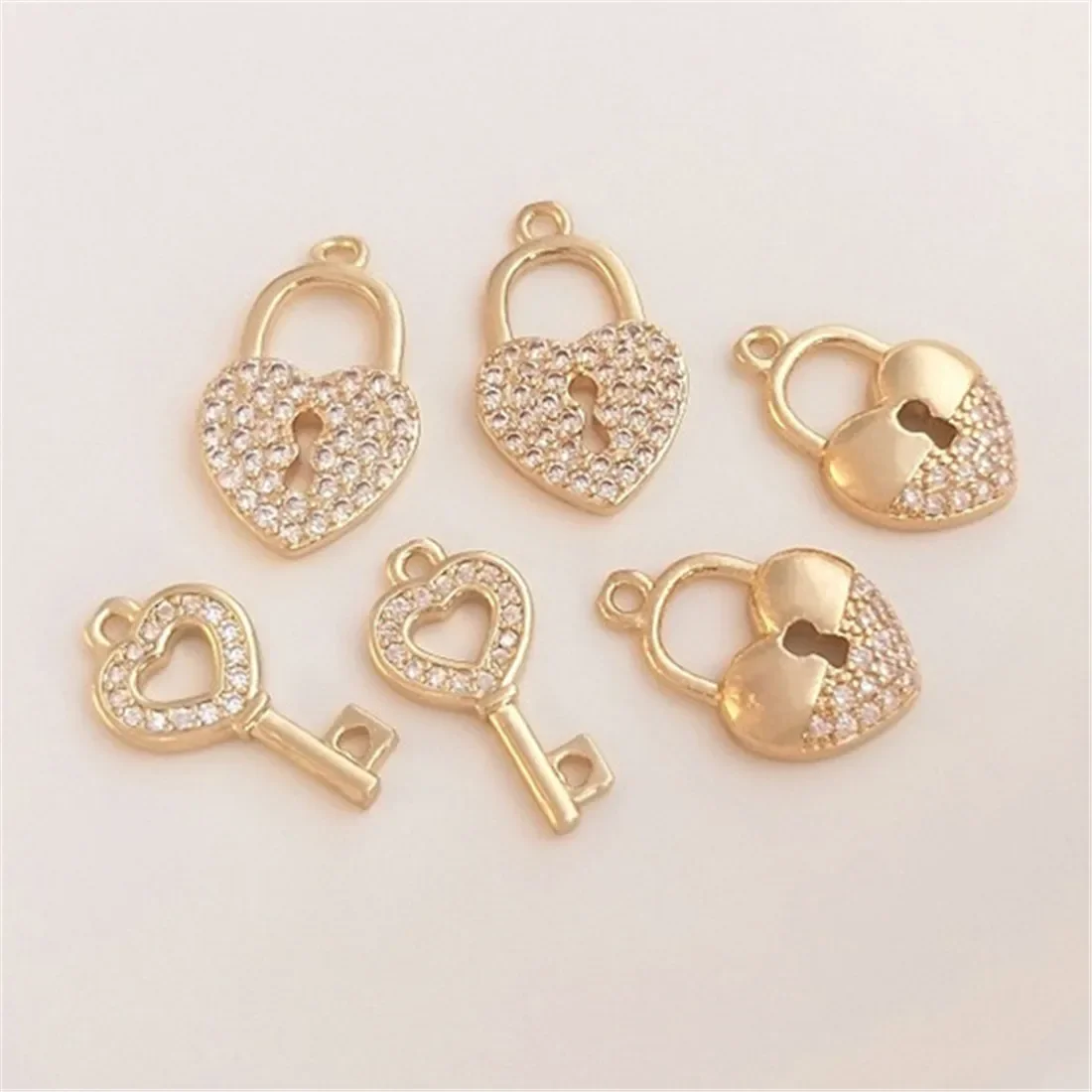 

14K Gold Inlaid Zirconia Heart Lock Key Pendant Love Lock Charm Handmade DIY Bracelet Jewelry Accessories D015