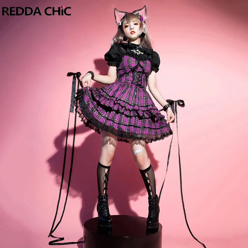 

REDDACHiC Rokku Purple Plaid Mini Dress Women Lolita Jsk Gothic Retro Lace Trim Sleeveless Puffy Princess One-piece Tank Dress