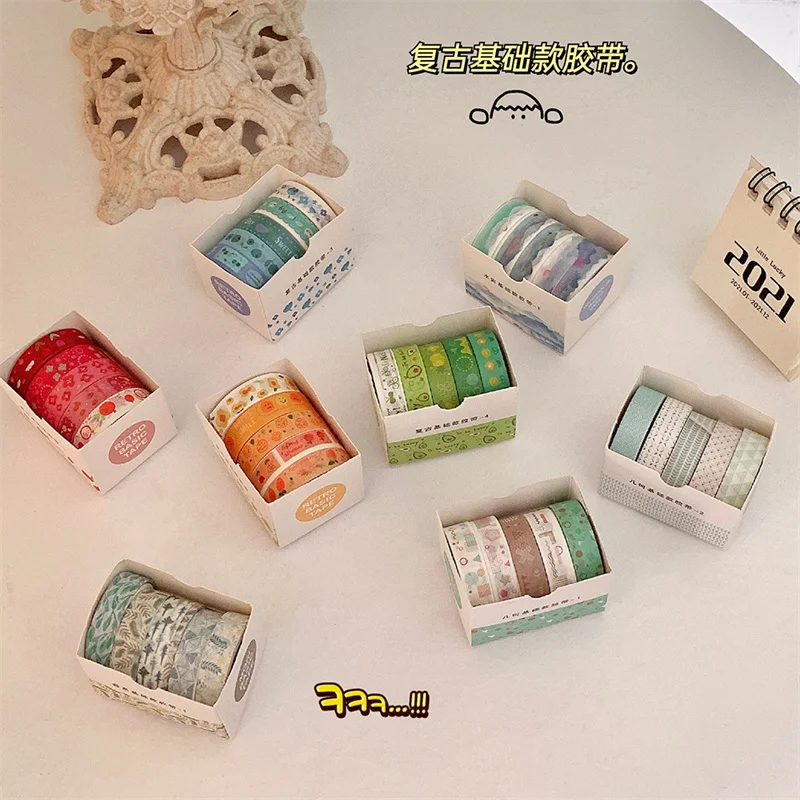 5pcs/Box Retro Geometry Washi Tape Set Diary DIY Decoration Student Stickers Korean Stationery Office Supplies Peach