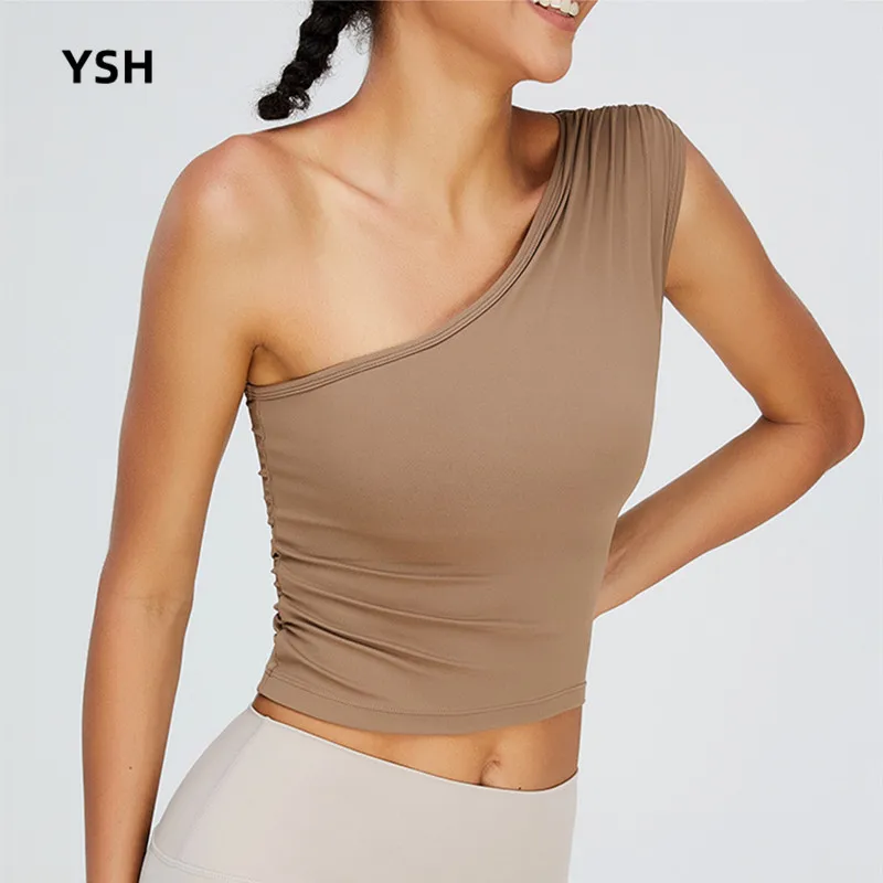 

YUSHUHUA Wide One-shoulder Yoga Tank Tops Gym Clothing Female Fold Running Top Sleeveless Coolness Fitness Shirts Sports Tank