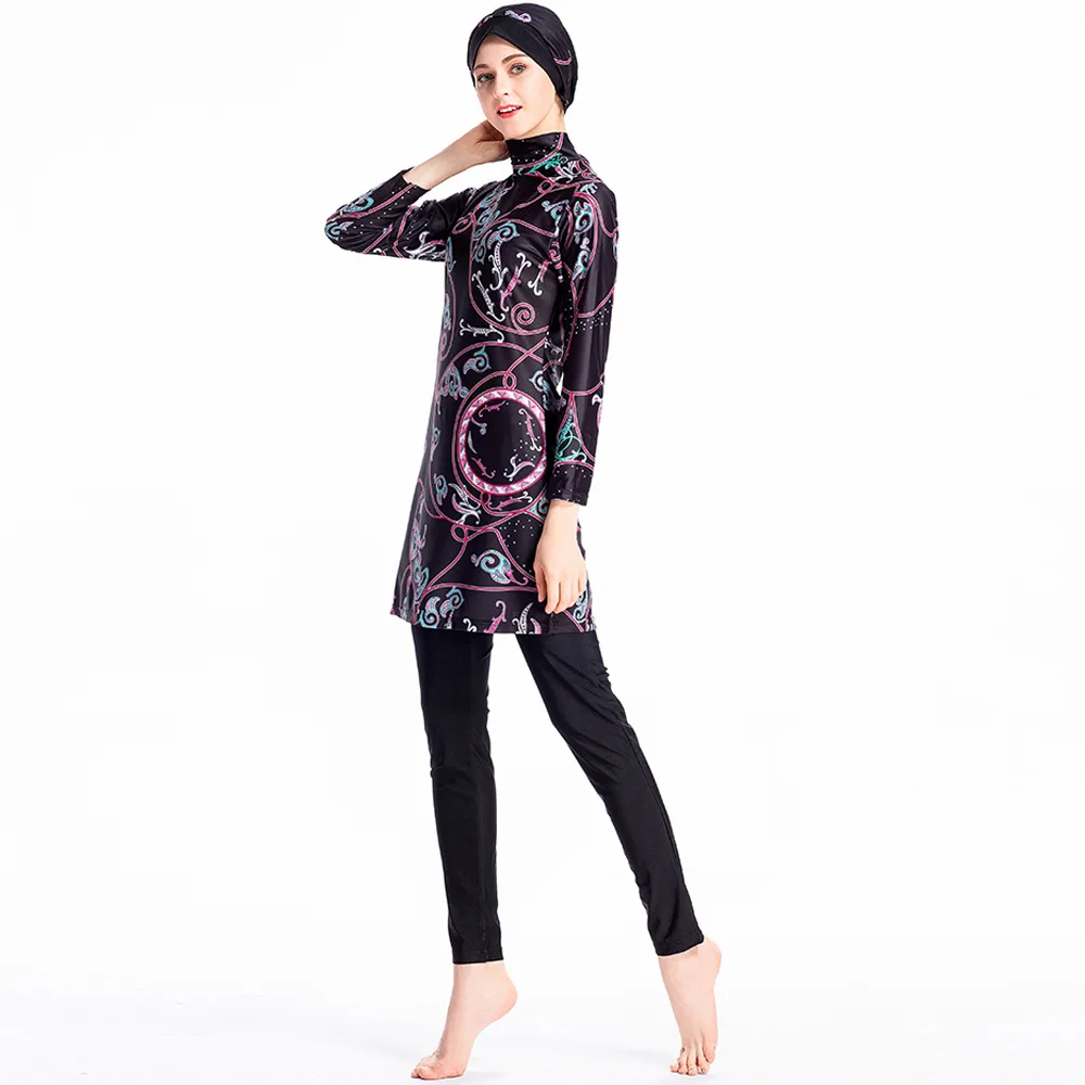 Burkini Muslim Swimwear 2023 Digital Printing Hui Swimsuit Sunscreen Three-piece Swimsuit Swimwear for Sporty Veiled Women