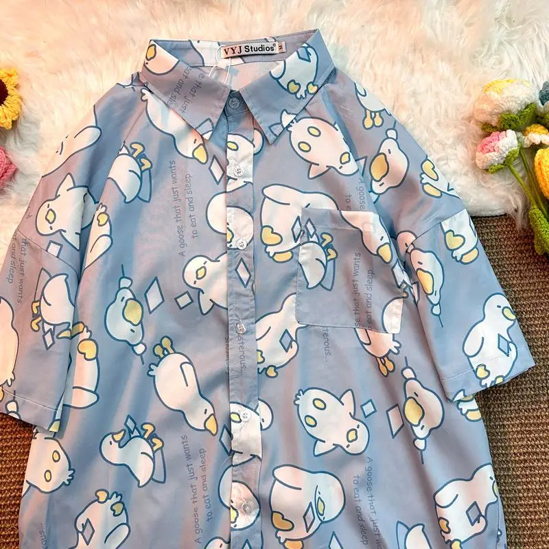 Duck Print Button Up Shirt Ladies Tops 2023 Casual Streetwear Short Sleeve Beach Oversize Fashion Harujuku Women Shirt