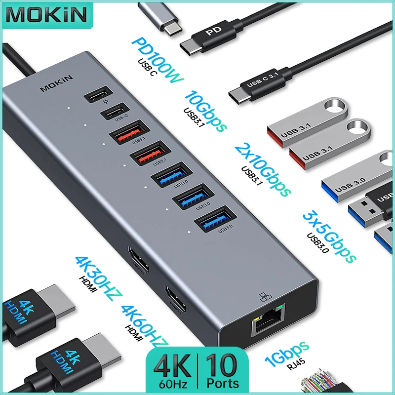 

Sleek 10 in 1 Docking Station for MacBook Air/Pro, iPad, Thunderbolt Laptop - USB3.0, USB3.1, Type-C 3.1, PD 100W, RJ45 1Gbps