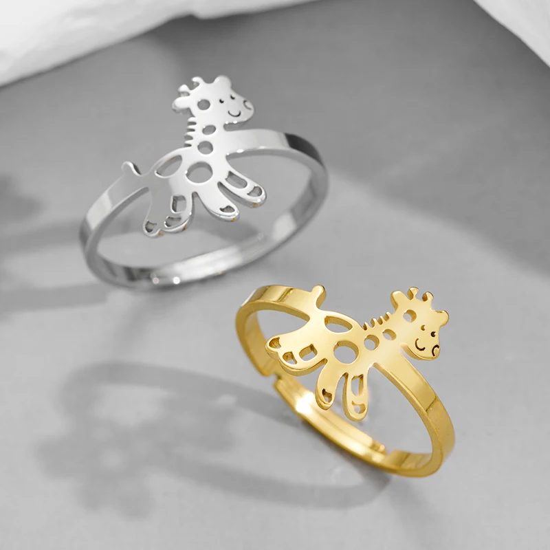 Vintage Stainless Steel Giraffe Rings for Women Cartoon Jewelry