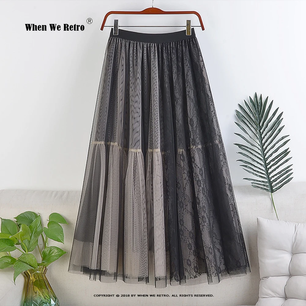 

New Spring Mesh Skirt High Waist Slim Elastic Double Lace Patchwork Midi Long Tulle Skirt Korean Chic Swing Tutu Skirts RS138
