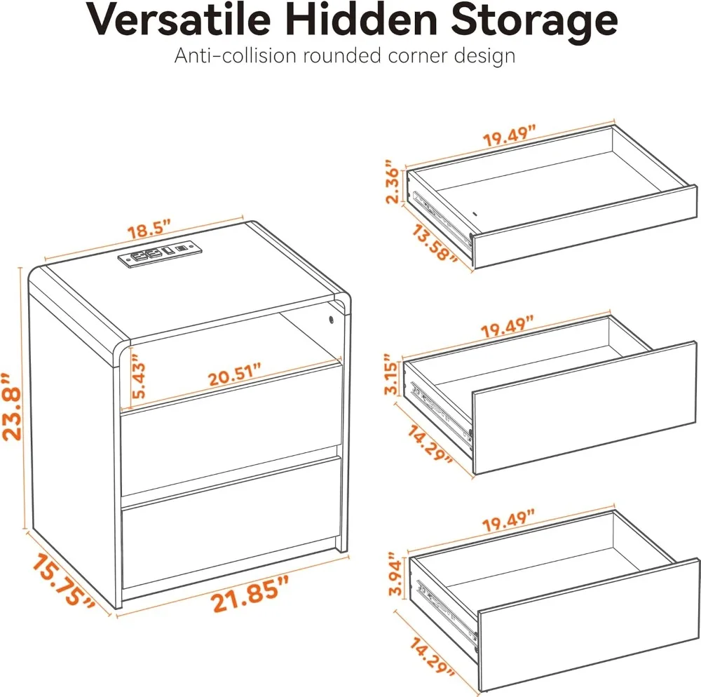 Modern Nightstand with Hidden Drawers, Charging Station, Walnut Finish for Bedroom Living Room