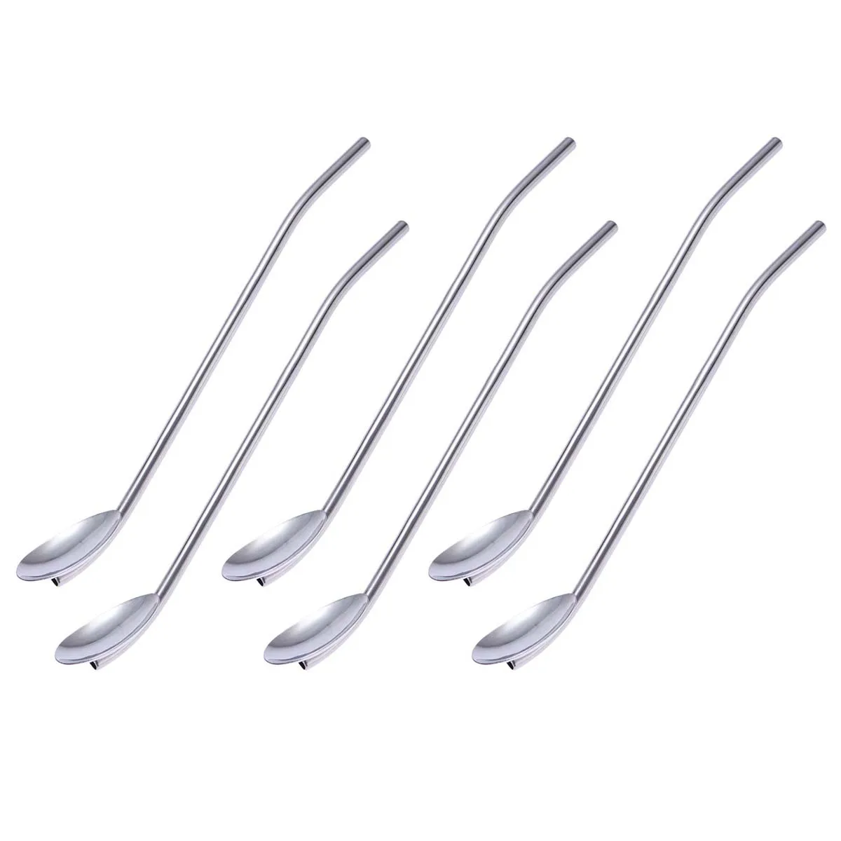 Stainless Steel Oval Shape Metal Drinking Spoon Straw Mixing Bar Spoon Reusable Straws Cocktail Spoons Set 6 Pcs